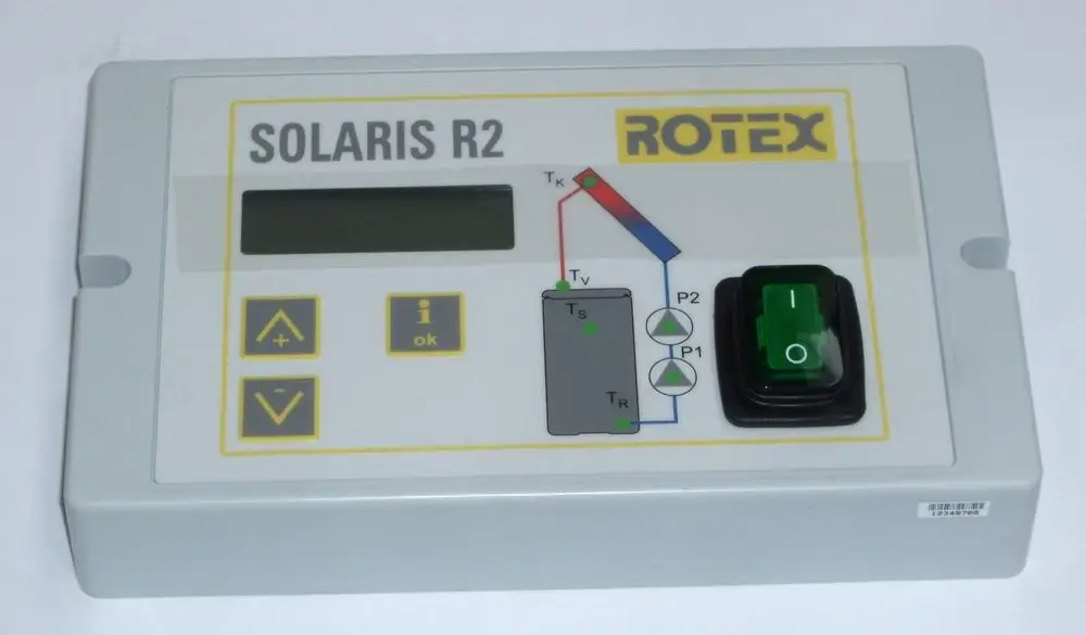 Graues Elektronikoberteil von Daikin mit einem Display, Tasten zur Steuerung sowie einem Netzschalter. Diagramme zeigen Temperatur- und Druckanschlüsse.